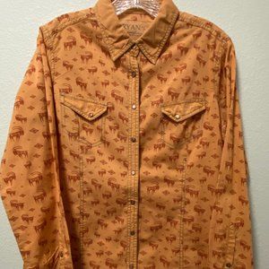 Ryan Michael Gazelle Print Snap Button Long Sleeve Western Shirt sz L